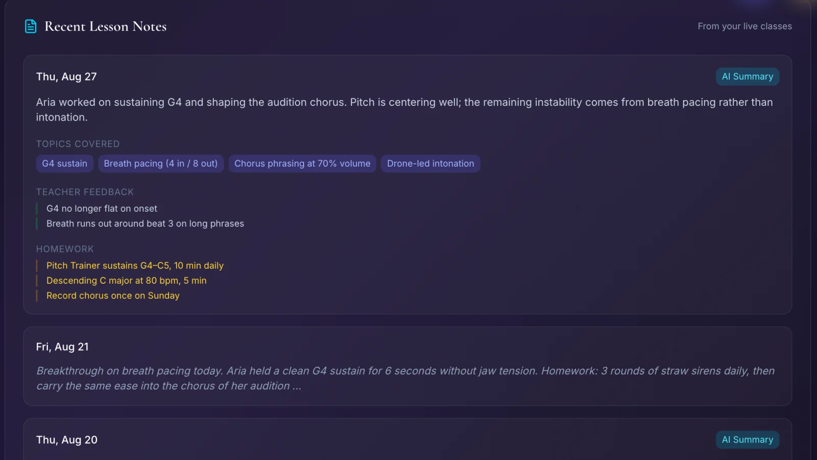 Recent lesson notes with AI summary, teacher feedback and homework inside the app