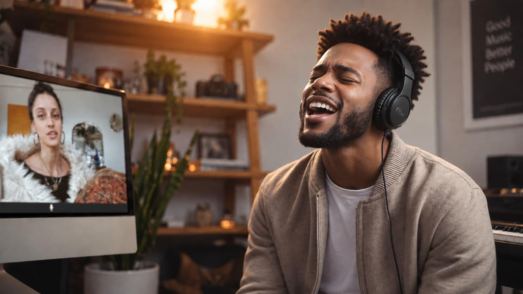 A singer in a live online lesson with Julia on screen